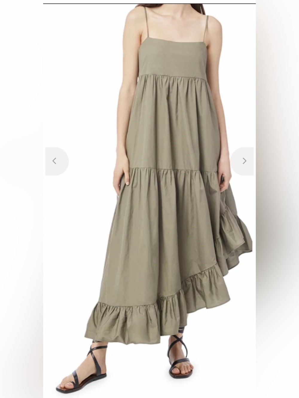 FRAME Gemma Maxi Dress Small Military Green Tiered Asymmetrical Ruffle Pockets